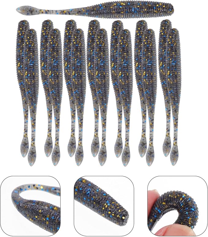 TEHAUX 15pcs Soft Baits Fishing Lures, High Density -Free 7.5cm Sinking Tail-Wagging Worms, Portable Fishing Supplies for Bass and Freshwater Anglers