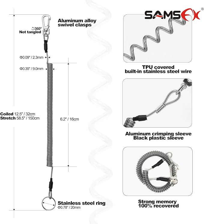 SAMSFX Locking Fishing Pliers Saltwater Resistant Teflon Coated Briad Line Cutters with Wire Coiled Lanyard, Sheath & Quick Knot Tool Combo
