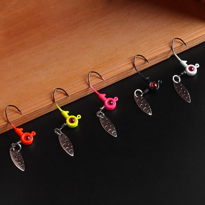 Crappie Jig Heads Fishing Lures Kit, 15pcs Underspin Jig Heads with Spinner Blade Crappie Lures Eye Ball Head Painted Fishing Jigs for Bass, Trout, Panfish, Sunfish