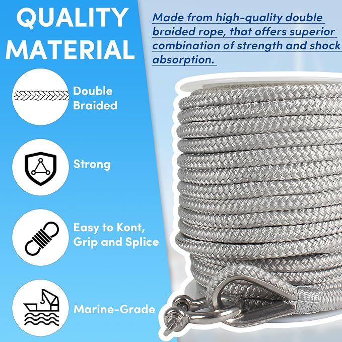 Boat Anchor Rope 150 ft x 1/2 inch Grey, Double Braided Anchor Line with Stainless Steel Thimble & Shackle, Marine Rope Ideal for Towing,Mooring,Decks,Anchoring,for Boats Up to 35'