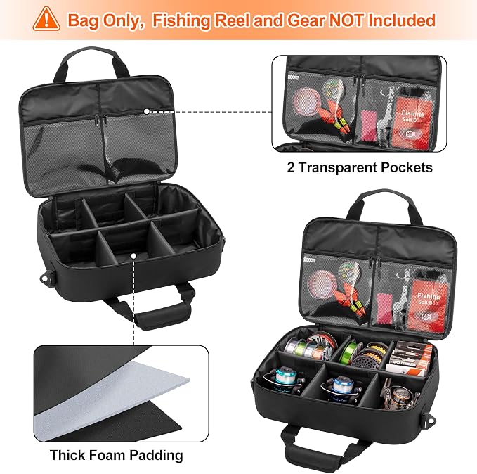 Rexmica Fishing Reel Case for Spinning Reels, Fly Fishing Reels, Baitcaster Fishing Reels, Fishing Reel Storage Bag with Multiple Pockets and Dividers, Fishing Gear Bag for Fishing Trip/Daily Storage