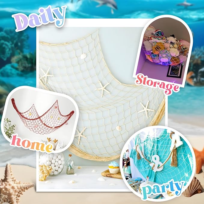 2 Pack Fish Net Decorations for Party, Natural Cotton Hawaiian Table Runner Party Fishing Net Decorative, Nautical Themed Decor Cotton Fishnet Under The Sea Pirate Ocean BeachHalloween Decor