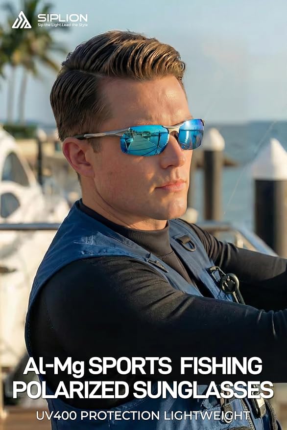 SIPLION Polarized Sunglasses Men Sports: UV Protection Ultra Light Al-Mg Metal Frame Ideal For Driving Fishing Running Golf