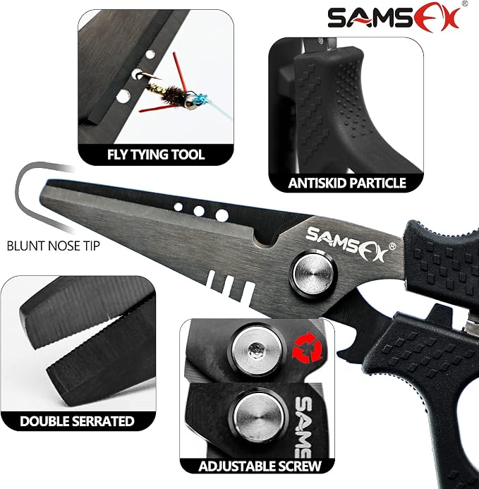 SAMSFX 6.5in Fishing Scissors with Non-Slip Grip Handles and Micro Serrated Edges, Multi-Function Shears with Nylon Sheath