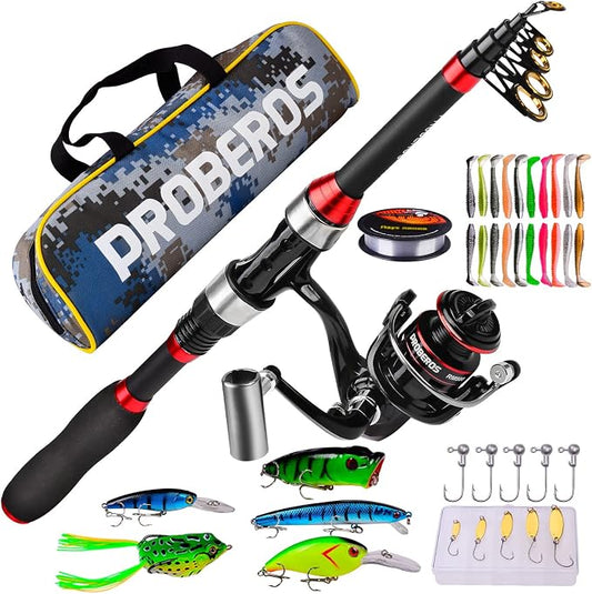 PROBEROS Kids Fishing Pole - Portable Telescopic Fishing Rod and Reel Combo Kit - Spincast Fishing Reel Casting Rods with Lures Lines Tackle Box and Bag for Boys Girls Youth Fishing