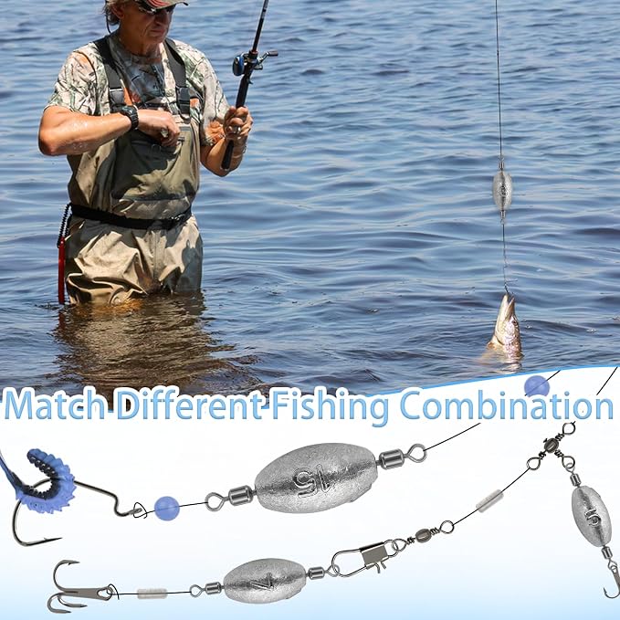 Fishing Weights Sinkers Inline Trolling Fishing Sinkers Egg sinkers with Inner Swivels Oval Drop Lead Fishing Weights for Saltwater Freshwater Fishing