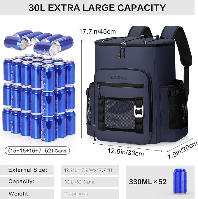 Hulongo Cooler Backpack, 30L Insulated Leakproof Soft Cooler Bag for 52 Cans, Lightweight Backpack for Beach, Picnic, Camping, Hiking, Fishing and Travel