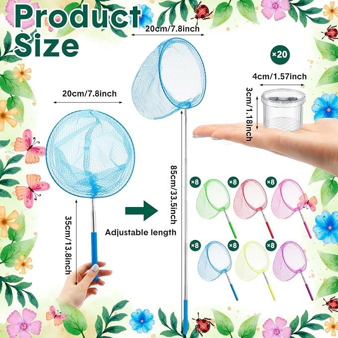 Arrowbash 48 Pcs Kids Butterfly Fishing Nets Bulk Colorful Telescopic Butterfly Fishing Nets with Stainless Steel Pole Handle 34 Inch with 20 Pcs Plastic Insect Bottle Nature Exploration Toys