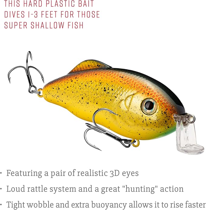 Strike King Hybrid Hunter Shallow Jr. Fishing Lure, Shallow Diving Crankbait, 90-Degree Bill, 3D Eyes, Loud Rattle, Dives 1 to 3-Feet,Size 4 & 6 Treble Hooks