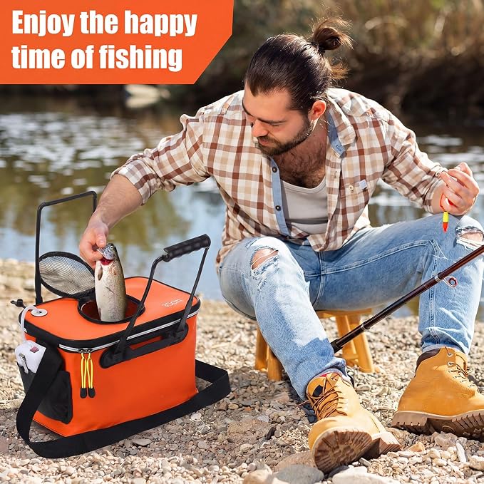 2 Pcs Fishing Bucket and Live Bait Aerator, Foldable Multi Functional Live Bucket Portable Quiet Aerator Outdoor Camping Fishing EVA Bag