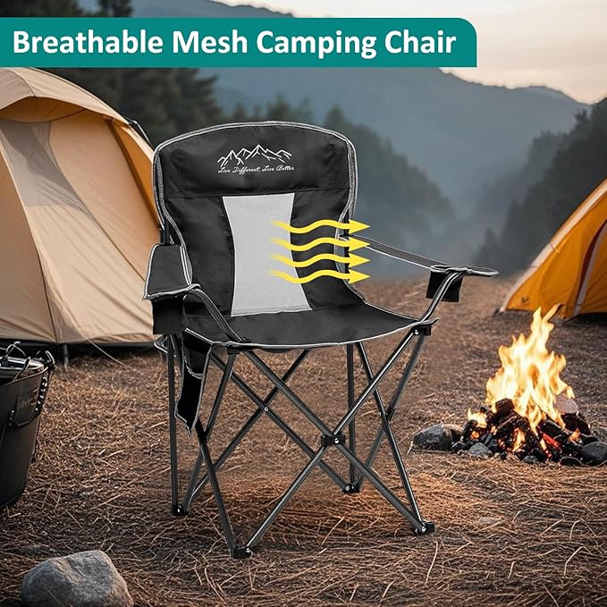 Outdoor Folding Camping Chair with Cup Holder, Storage Bag, Large Anti-Sink Feet, 400lbs Capacity, 2 Pack Breathable Mesh Portable Chair for Camping, Beach, Fishing, Sports, Black 2Pack