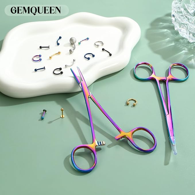 GEMQUEEN Piercing Curved and Straight Forceps for Changing Jewelry - 316L Surgical Stainless Steel Pliers Tool Set Colorful Locking Tweezers Clamps for Removal Earrings Lip Nose Rings 2 PCS