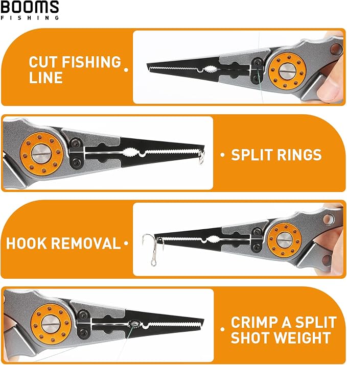 Booms Fishing X1 Aluminum Fishing Pliers Saltwater, Surf Fishing Tackle Kit, Fishing Multitool Hook Remover Braided Fishing Line Cutting and Split Ring with Coiled Lanyard and Sheath