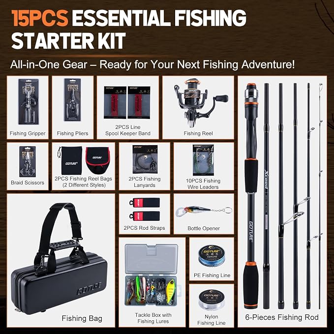 Goture Spinning Fishing Rod & Reel Combo with Carrier Bag,6.6-9FT,Spin Reels, Lures Kit, Pliers, Braided Line, Fish Gripper, Carbon Fiber Freshwater Fishing Rod Full Kit for Starter