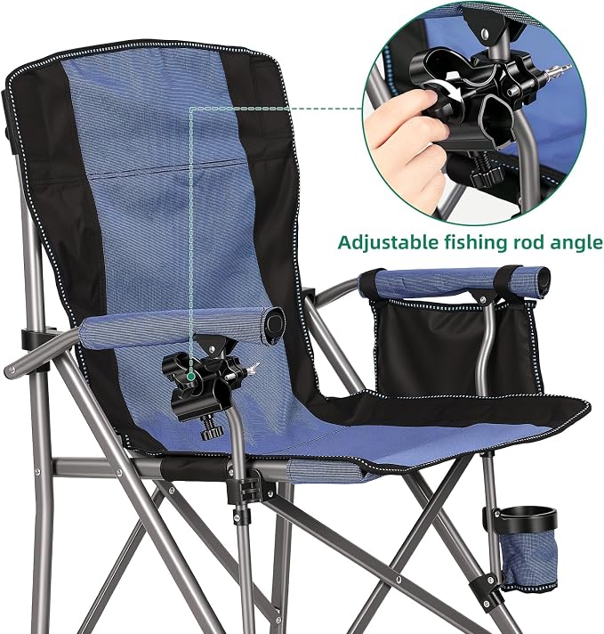New Folding Fishing Chair with Rod Holder, 150Kg Heavy Duty All Terrain Chair with Side Pocket, Cup Holder, Portable Adults Armchair for Outdoor, Camping, Garden, Beach, Lawn, Picnic MB & B