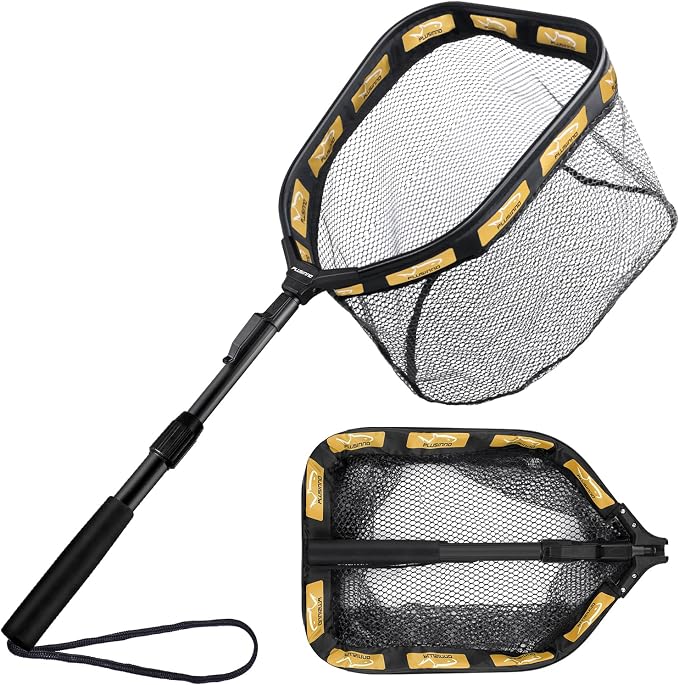 PLUSINNO Floating Fishing Net for Steelhead, Salmon, Fly, Kayak, Catfish, Bass, Trout Fishing, Rubber Coated Foldable Landing Net with Fixed or Telescoping Pole Handle, Fishing Gear and Gifts for Men