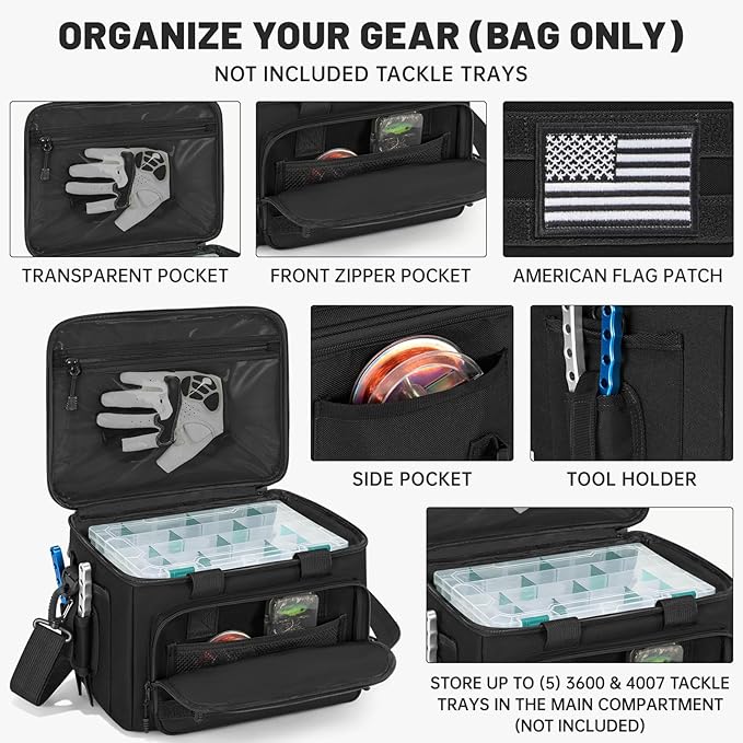 20L Fishing Tackle Bag Empty, Fits 3400-3600 & 4007 Lure Boxes, Water Resistant Fishing Gear Storage Bag, Portable Padded Shoulder Strap Bag for Saltwater Freshwater, Black