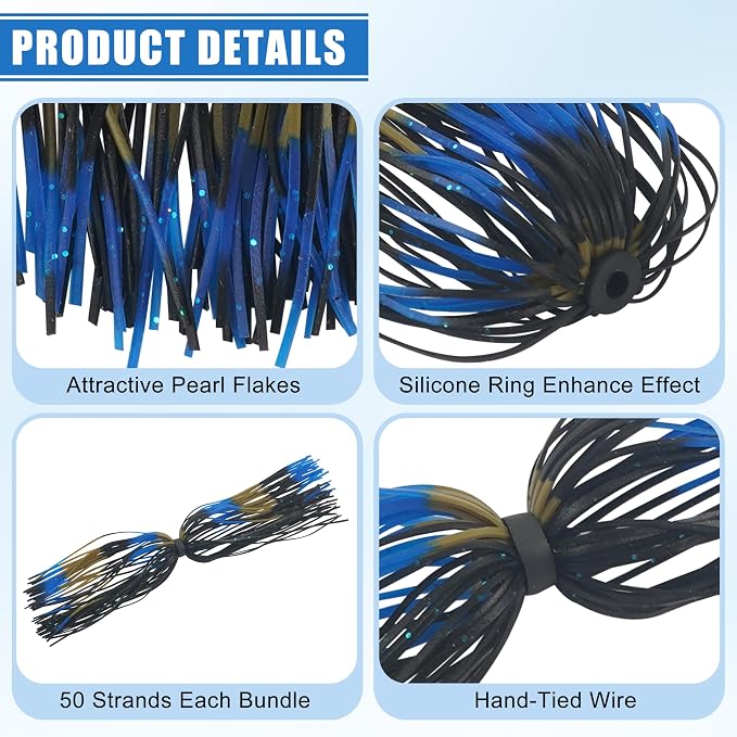 Silicone Jig Skirts Spinnerbait Skirts 50 Strands Bass Fishing Lure Skirts Replacement for DIY Spinner Baits Buzzbaits Squid Jig Accessories