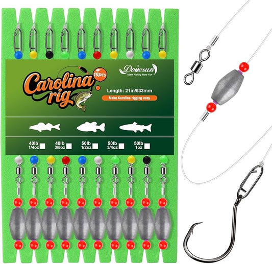Dovesun 10/5PCS Ready Tied Carolina Rig Kit for Bass Fishing Catfish Rig Catfish Hook Kit with Bass Hooks, Swivel, Fluorocarbon Line, Weights