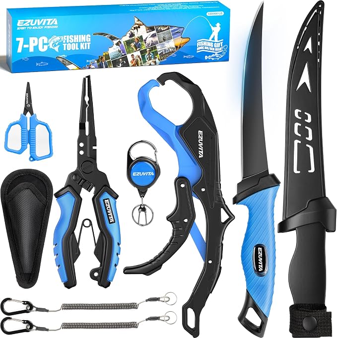 7 Pcs Fishing Tool Kit, Fishing Gear - Rust Resistant Fishing Pliers with Lanyard & Sheaths, 7-inch Fillet Knife, Fishing Lip Gripper, Fishing Scissors & Tool Retractor