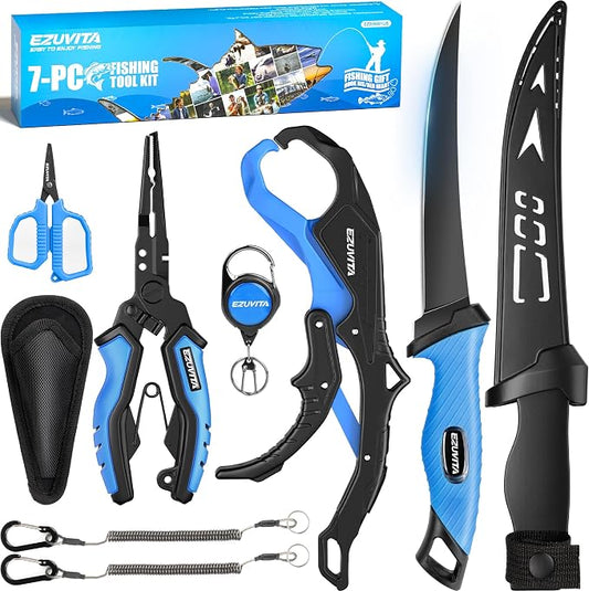 7 Pcs Fishing Tool Kit, Fishing Gear - Rust Resistant Fishing Pliers with Lanyard & Sheaths, 7-inch Fillet Knife, Fishing Lip Gripper, Fishing Scissors & Tool Retractor