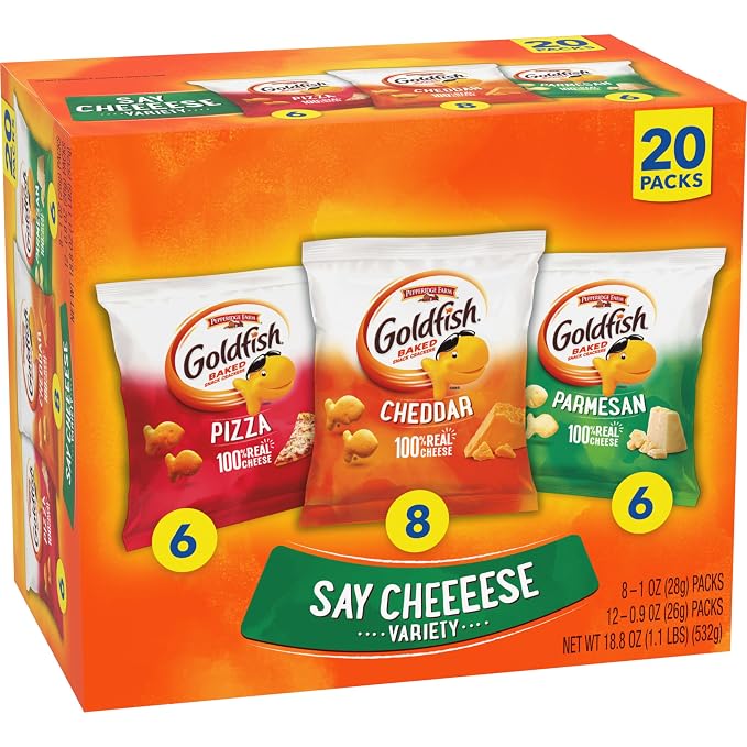 Goldfish Crackers Say Cheeeese Variety Pack with Cheddar, Pizza and Parmesan, Snack Packs, 20 Ct (Pack of 2)
