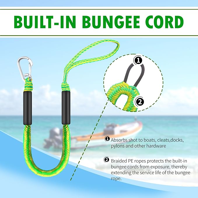Boat Bungee Dock Lines – Adjustable Boat Tie Downs for Pontoon, Jet Ski, PWC, Kayak | Single Hook Small Cruiser Mooring Lines | (2, Green & Yellow, 3 Feet)