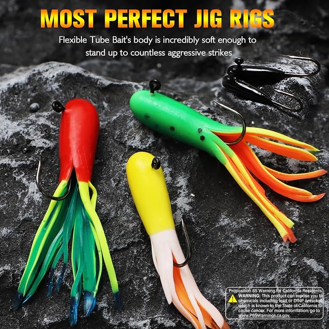 Dovesun Crappie Lures with Jig Heads Kit, Soft Plastic Grubs-Tube Baits 1/8oz 1/16oz 1/32oz Crappie Jigs Walleye Trout Bass Crappie Baits 95-120pcs