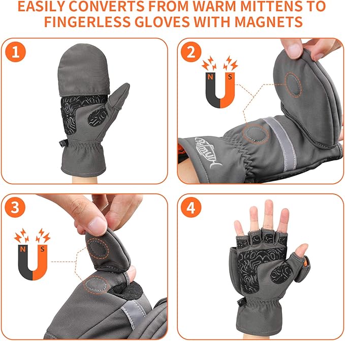Palmyth Ice Fishing Gloves Convertible Mittens Flip Fingerless Mitt with Thinsulate 3M Warm for Cold Weather and Winter Men Women Photography Running Camera