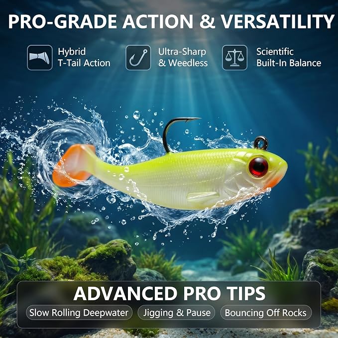 Soft Fishing Lures for Bass Fishing:Pre-Gigged Swim Baits for Saltwater or Freshwater.Soft Plastic Fishing Accessories.