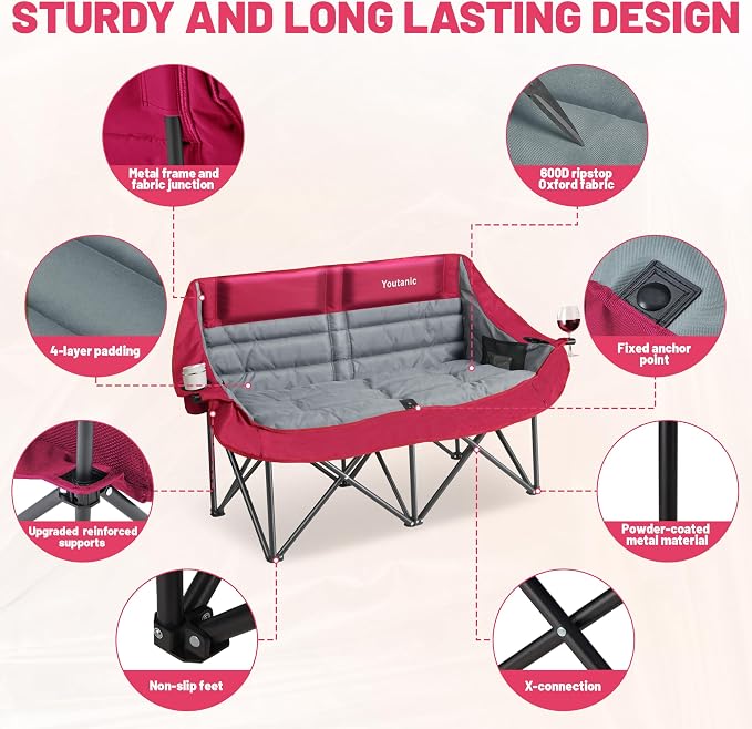 Youtanic Oversized Extra Large Double Padded Camping Chair up to 660lbs, Folding Loveseat Camp Couch with Pocket, Carry Bag, Portable Camping Chairs for Adults, Fishing, Sports, Trip, Red