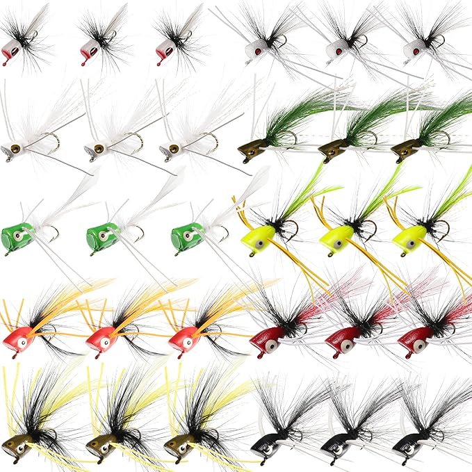 30 Pieces Fishing Lures Kit Bass Poppers Lures Colorful Fishing Bait with Hooks for Freshwater Panfish Assortment(Size 8 and 10