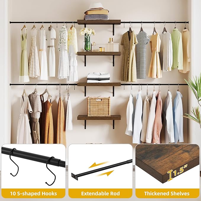 DWVO Closet Organizer System, Wall-Mounted Garment Rack Walk In Closet System, 4 Expandable Hanger Rods 4-Tier Wood Closet Storage Shelves with Backplane, Fits 6-9 ft Space, Black