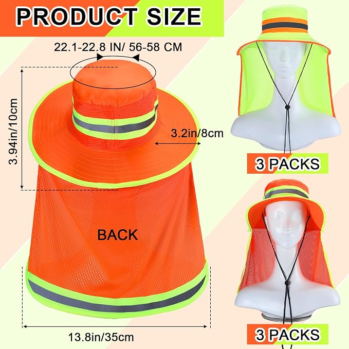 6 Pcs Reflective Safety Hat High Visibility Neck Flap Boonie Hat Wide Brim Work Hats Breathable Bucket Cap for Worker