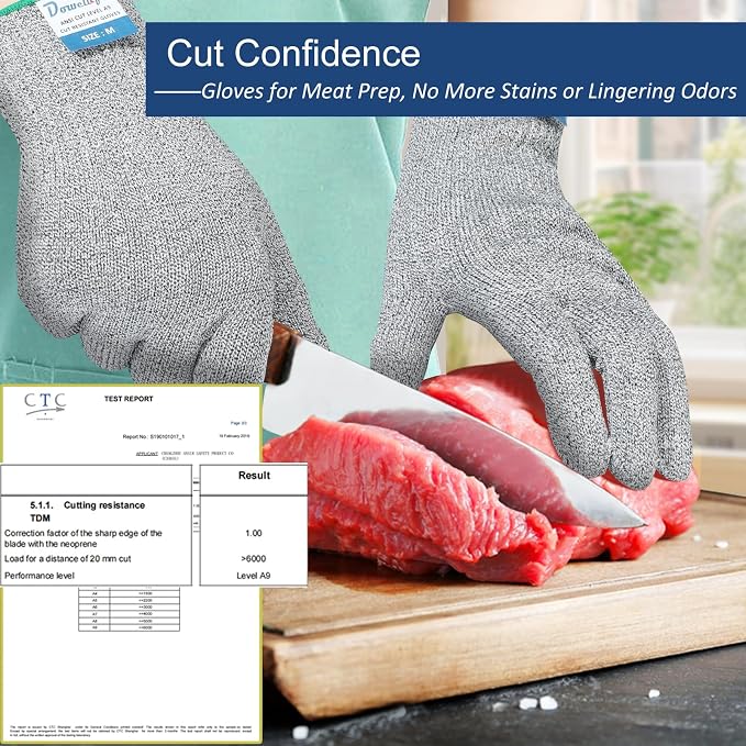 Dowellife Cut Resistant Gloves A9 Maximum Protection - Food Grade Kitchen & Chef Gloves for Food Prep, Knife Cutting, Mandoline Slicing, Butcher, Oyster Shucking, Fish Handling (Small, 2 Pairs)