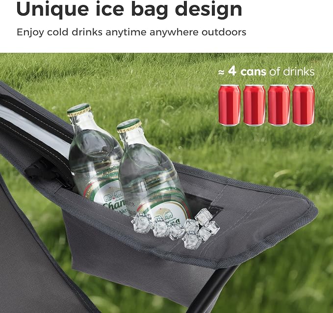 LET'S CAMP Camping Chair 2 Pack Folding Chair with 4-Can Cooler Bag Portable Lawn Chair with Cup Holder,Storage Pocket, Supports 250LBS, Collapsible Chair for Camp, Beach, Picnic (Grey)