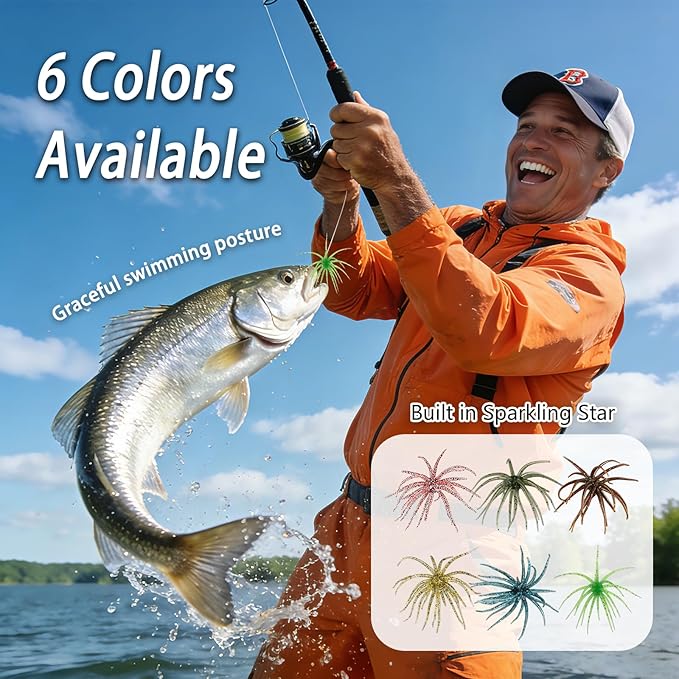 4Pcs Dice Bait, Floating TPR Swimbait with Reflective Stars,Tentacle Creature Lure, Sea Urchin Style Soft Plastic Baits, for Bass Fishing Drop Shot, Wacky Rig/Neko Rig and Finesse, Slow Sinking
