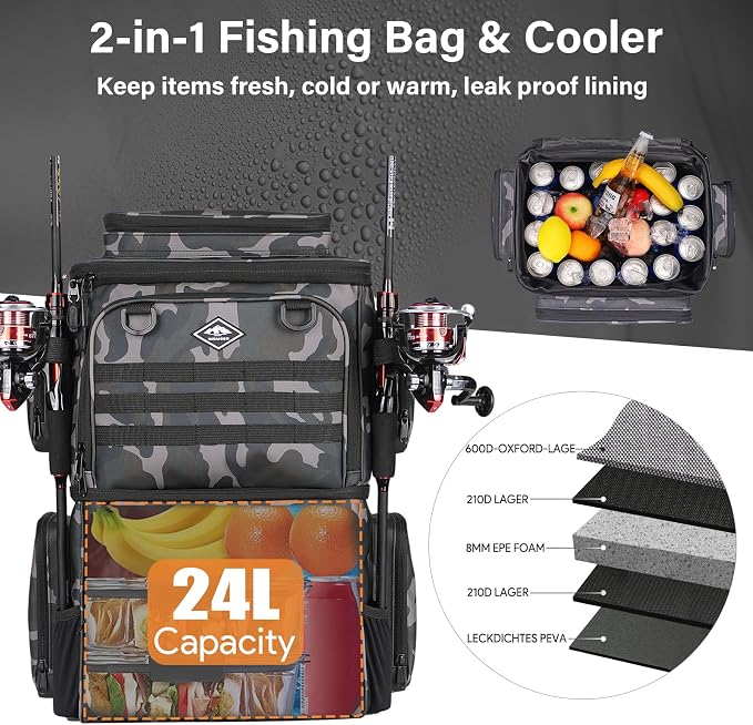 Fishing Tackle Backpack with Cooler Bag, 53L Waterproof Fishing Bag with 2 Rod Holders, Large Fishing Backpacks with Bottle Holder & Coolers, Tackle Storage, Heavy Duty Outdoor Cooler Backpack for Men