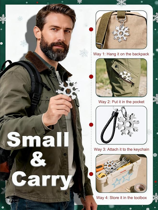 ZONICE 18-in-1 Snowflake Multi Tool – Stainless Steel with Bottle Opener & Wrench,Compact EDC Tool for Camping,Fishing,Hiking, Stocking Stuffers,Gifts for Men,Dad,Husband (Silver)