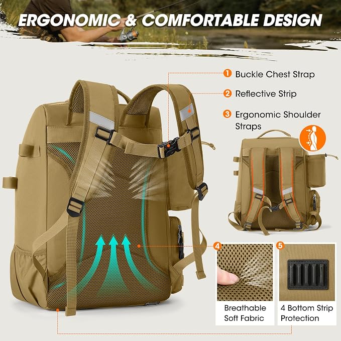 RAINSMORE Fishing Backpack with Rod Holders & Cooler 40L Water Resistant Tackle Backpack with Rain Cover Store Fishing Gear