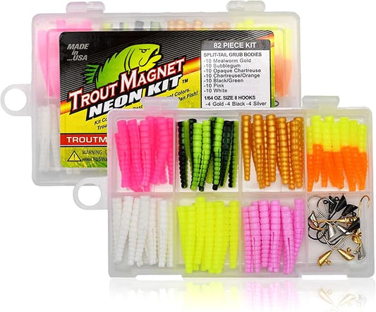 Trout Magnet 82-Piece Neon Fishing Gear Kit, Includes 70 Grub Bodies Trout Bait and 12 Size 8 Hooks