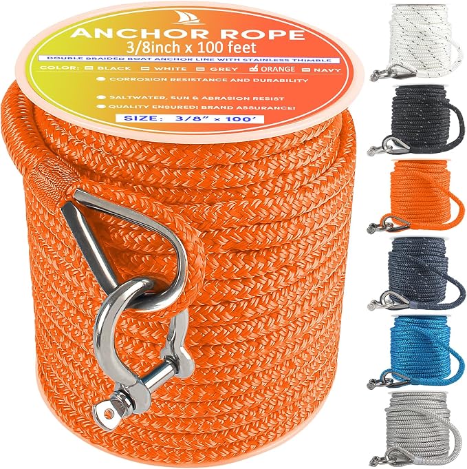 Boat Anchor Rope 100 ft x 3/8 inch Orange, Double Braided Anchor Line with Stainless Steel Thimble & Shackle, Marine Rope Ideal for Towing,Mooring,Decks,Anchoring,for Boats Up to 27'