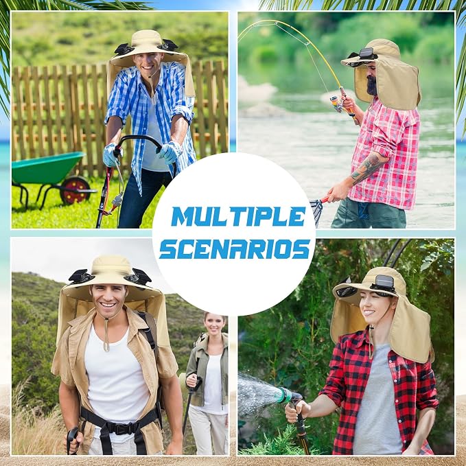 Chuarry Wide Brim Sun Hat with 2 Solar Fans and Neck Flap Outdoor Solar Powered USB Charging Bucket Fishing Hat for Men Women