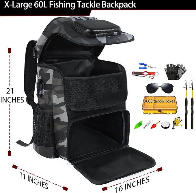 Fishing Backpack with Rod Holder X-Large 60L Tackle Gears Bag with Cooler for Storage Tackle Box and Fishing Accessories Stuff, Fish Gifts for Men Woman-Gray Camo