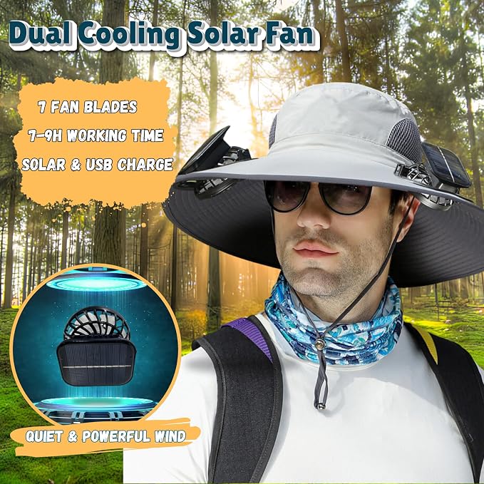 Outdoor Wide Brim Sun Hat with 2 Solar Fan Sun Bucket Hat for Men Women UPF 50+ Bucket Fishing & Beach Hat with Fan Built in