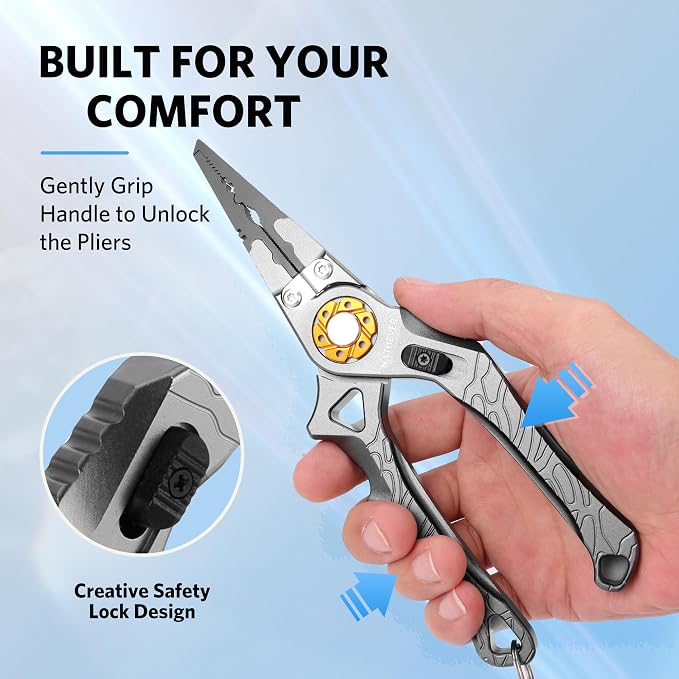 Saltwater Fishing Pliers, Split Ring Pliers for Fishing with Safety Lock, Fish Pliers with Sheath and Lanyard, Fishing Gifts for Men