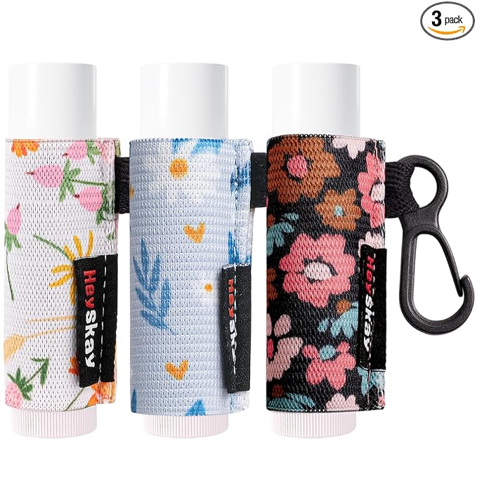 HEYSKAY 3PCS Chapstick Holder Key Chain Lip Balm Holder Keychain Chapstick Holder Lipgloss Lip Balm Elastic Sleeves (Floral Set D)