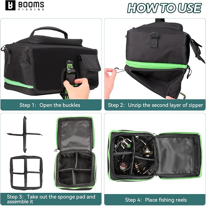 Booms Fishing Expandable Reel Bag - Double Layer Hidden Storage Case for 8 Reels - Protective Compartment, DIY Space for Tackle and Equipment - RC4 Cover