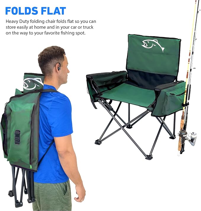 EASYGO PRODUCTS Fishing Chair with Rod Holder – Built in Cooler – Hands Free Fishing Pole Holder - Storage Pouch – Full Size Portable & Folding – Ruler for Measuring Fish, Fishing Chair Green
