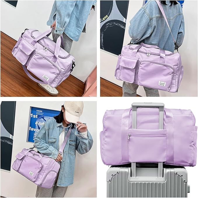 Suruid Travel Duffel Bag with Shoes Compartment Sports Gym Bag with Dry Wet Separated Pocket for Men and Women, Overnight Bag Weekender Bag Training Handbag Yoga Bag - Purple